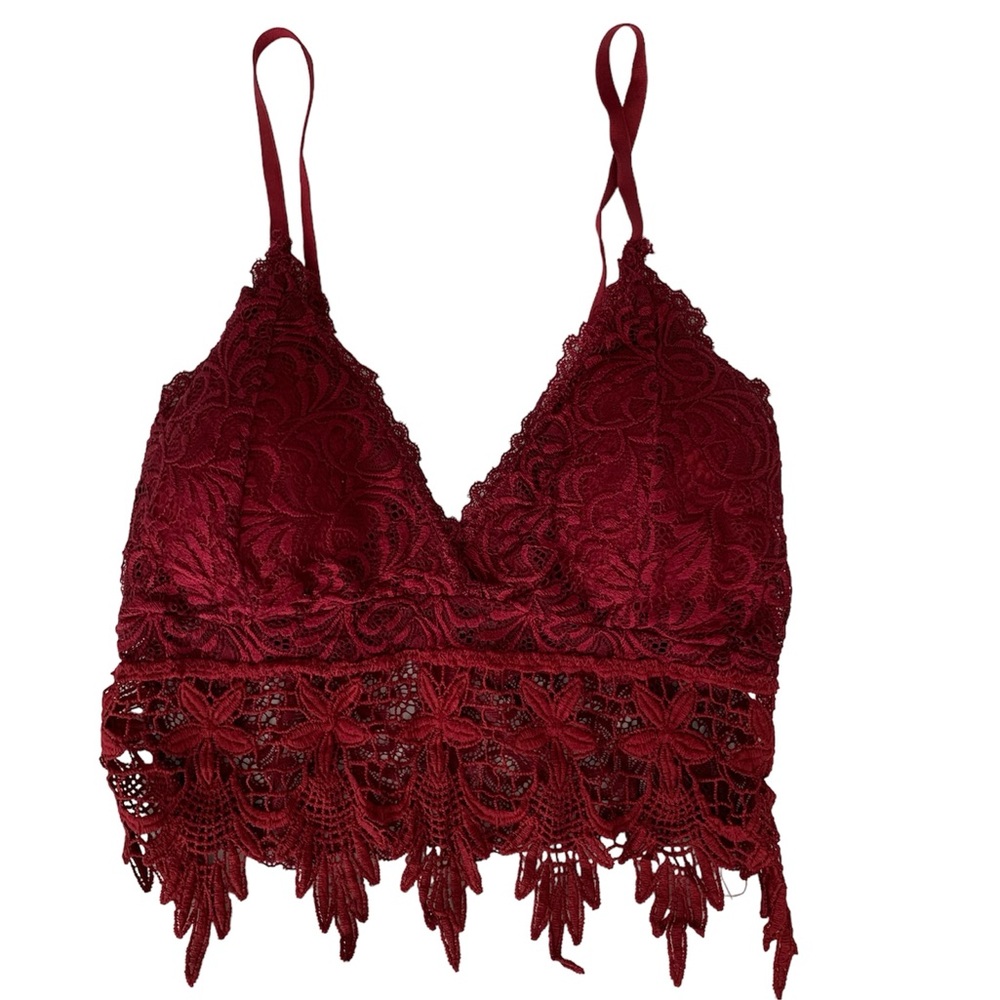 Red Floral Swirl Lace Bralette OS V-Neck Crop Bra Top with Adjustable Strap